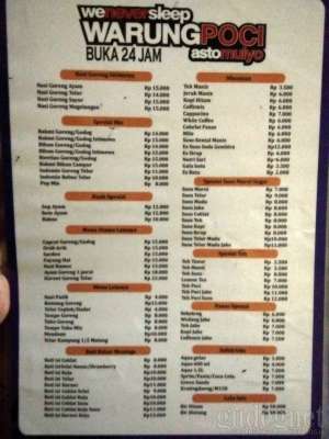 Daftar menu di Warung Poci Astomulyo